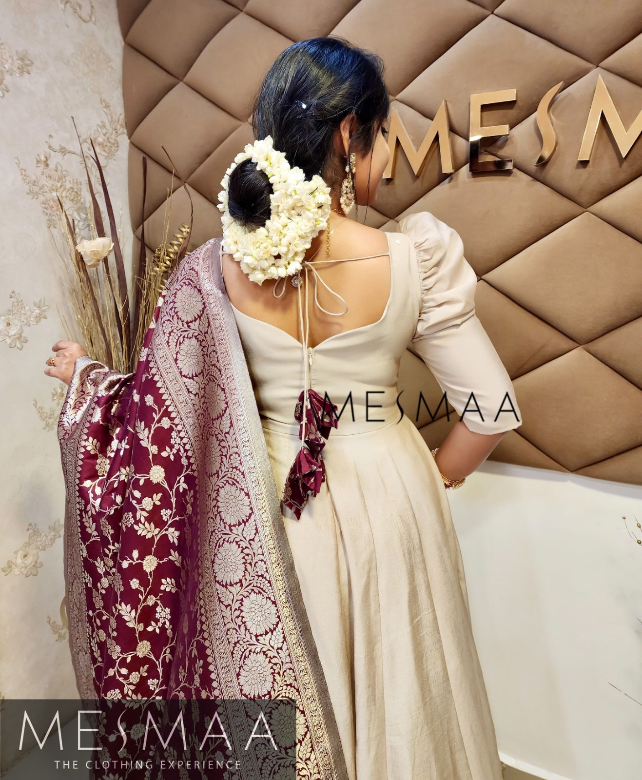 Almond white Deep Brown Banarasi dupatta gown.