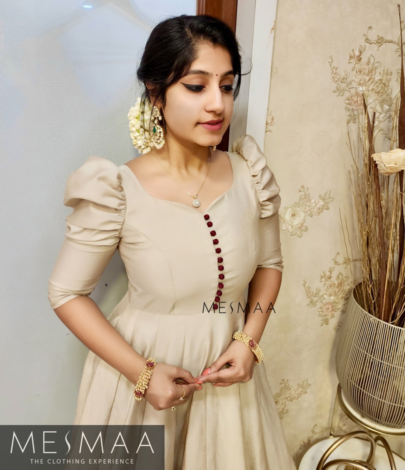 Almond white Deep Brown Banarasi dupatta gown.