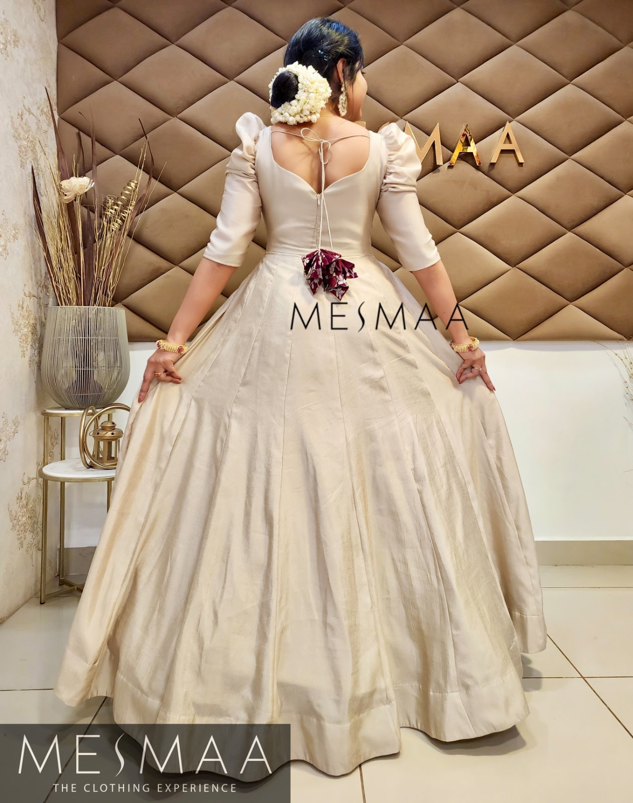 Almond white Deep Brown Banarasi dupatta gown.