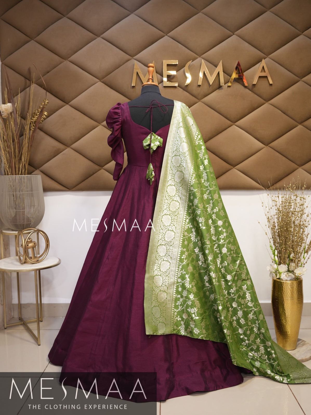 Vine olive green Banarasi dupatta gown.