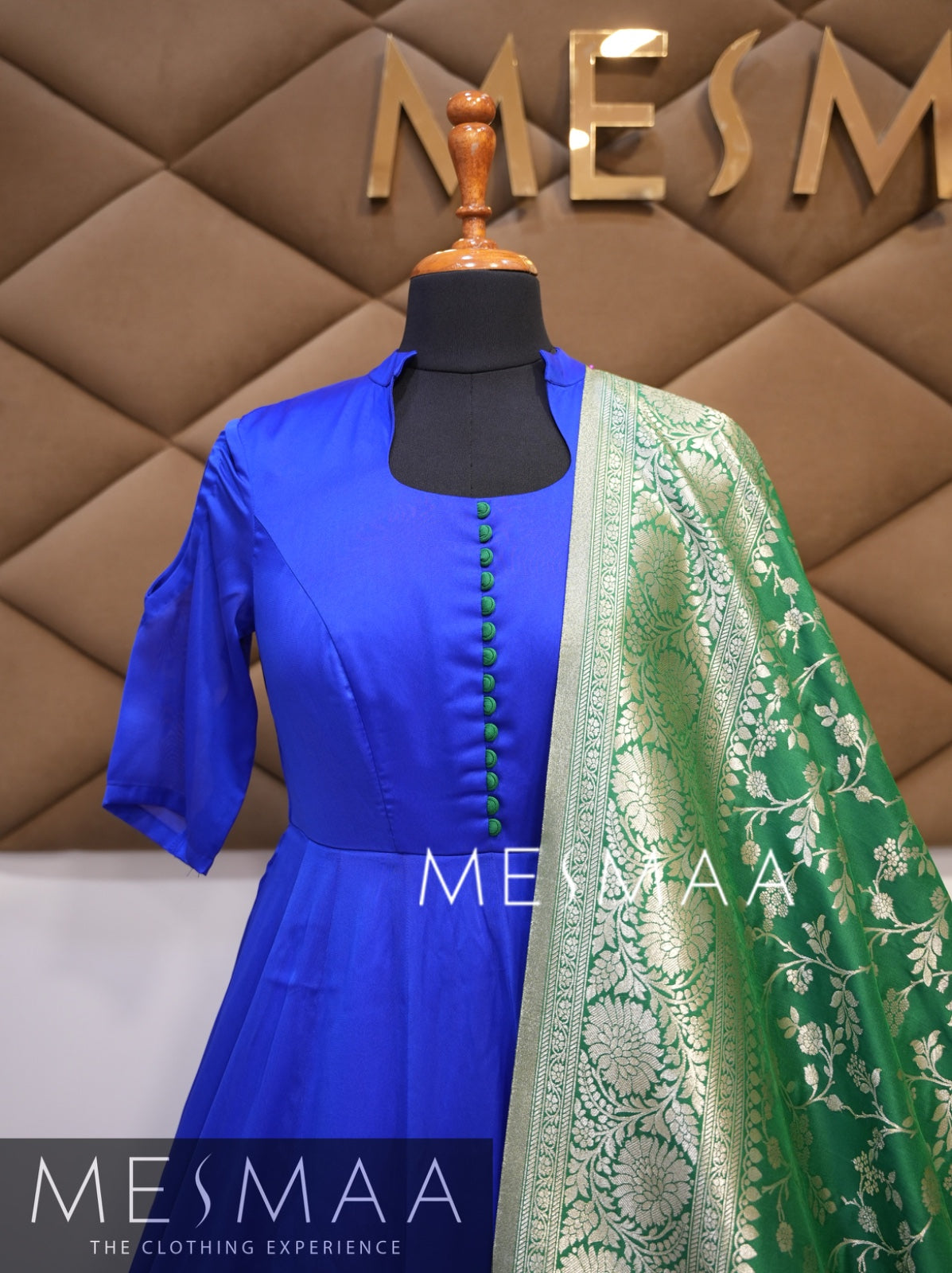 Electric blue bottle green Banarasi dupatta gown.