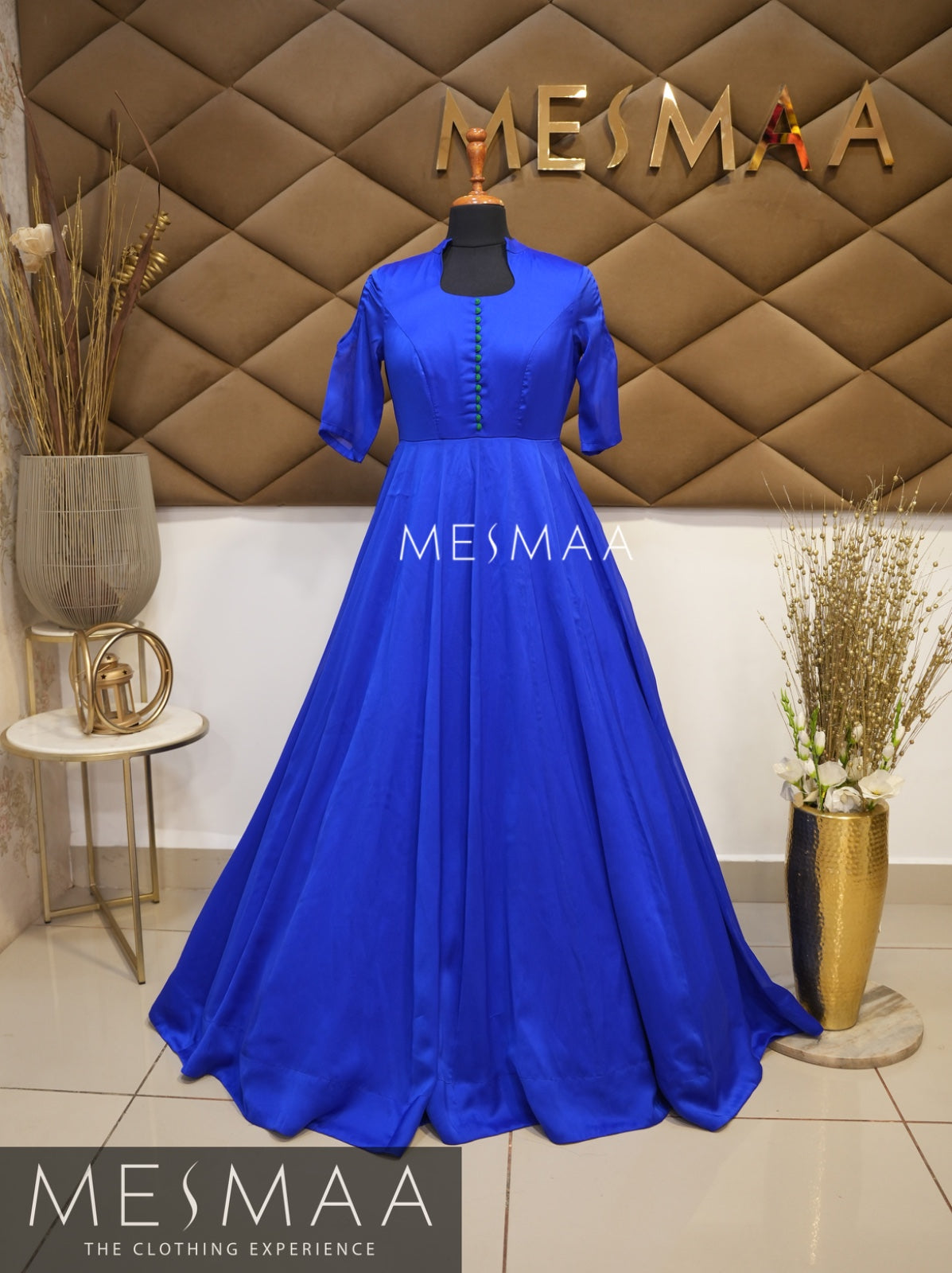 Electric blue bottle green Banarasi dupatta gown.