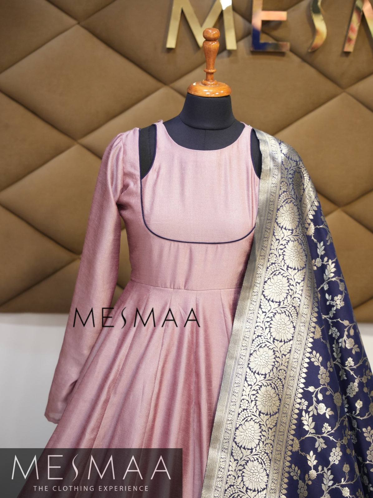 Pastel pink navy blue Banarasi dupatta gown.