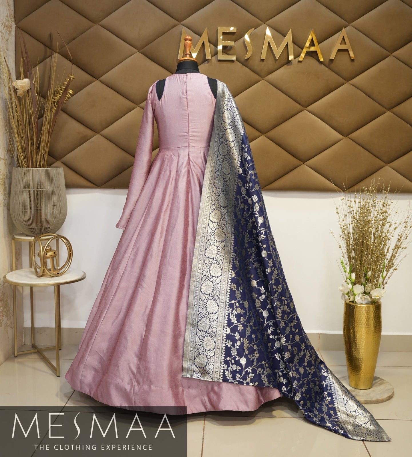 Pastel pink navy blue Banarasi dupatta gown.