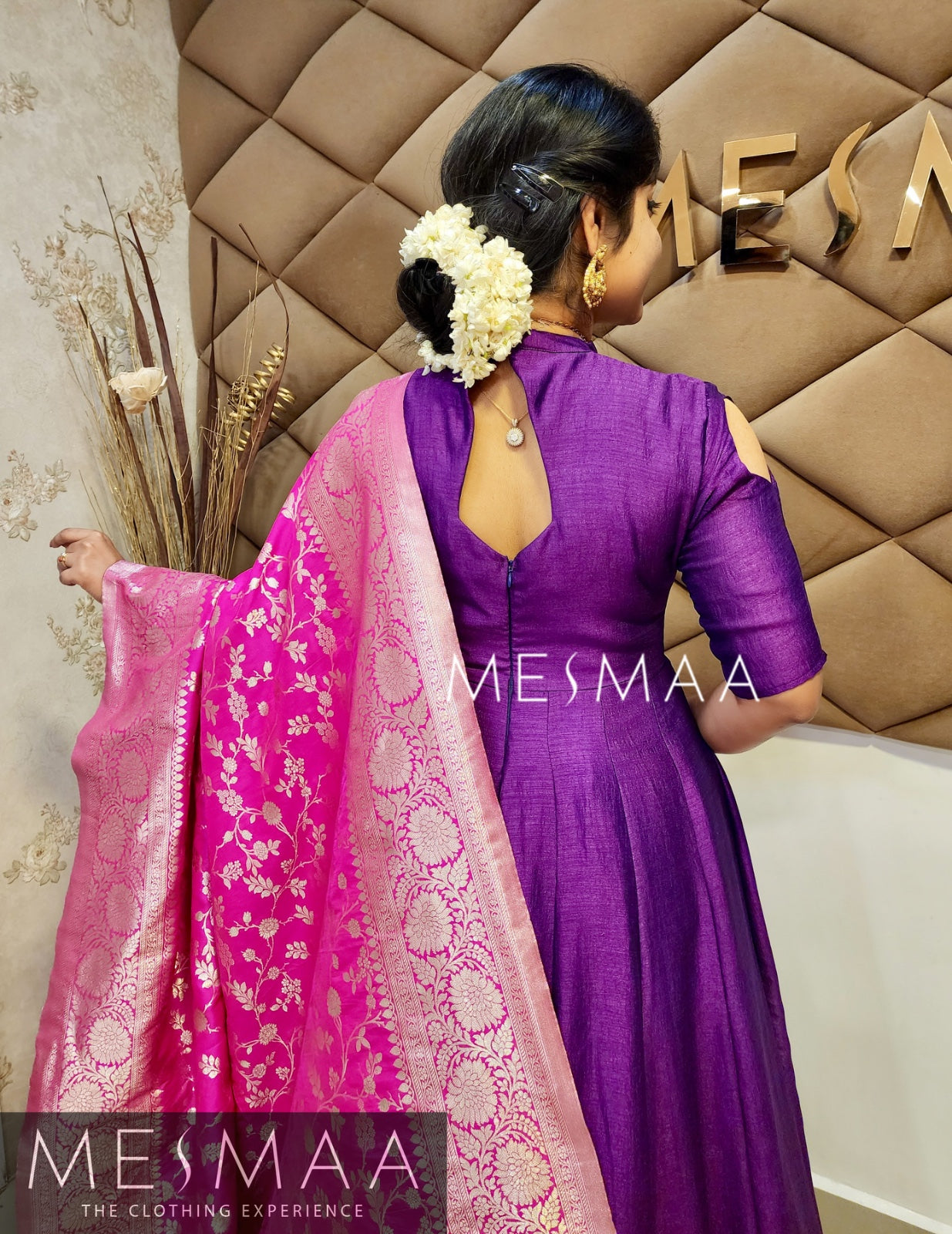 Violet Fuchsia Pink Banarasi dupatta gown.