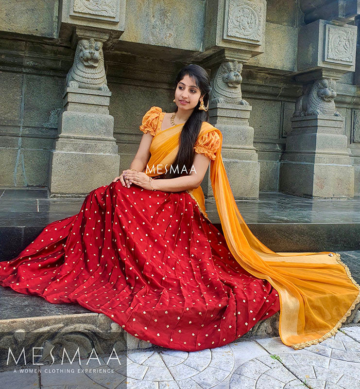 Yellow dark red half saree
