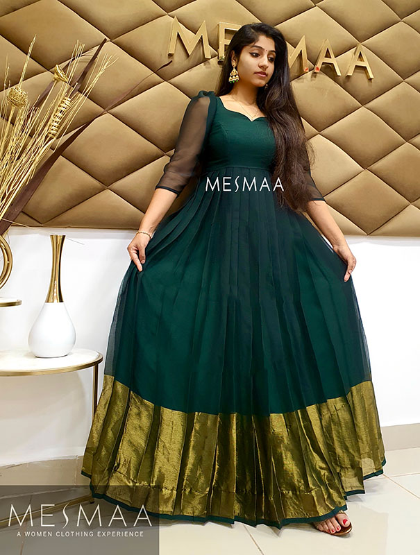 Bottle Green Georgette Gown Saree Design by FATIZ at Pernia's Pop Up Shop  2024