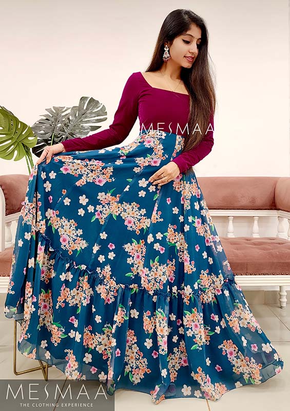 Purple peacock blue floral gown – Mesmaa