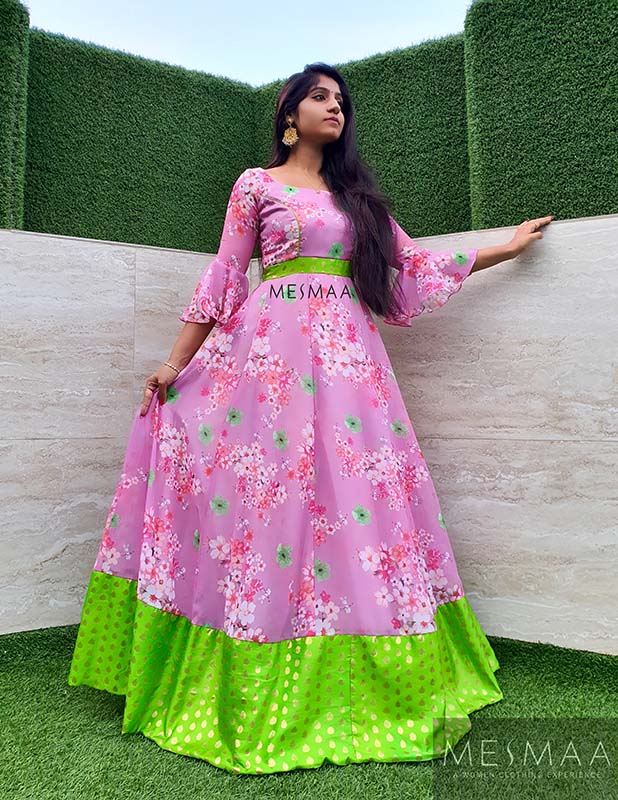 Pastel Pink green floral gown – Mesmaa